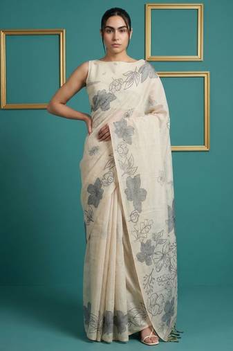 Cream muga cotton resham weaving pencil art saree with matching blouse piece