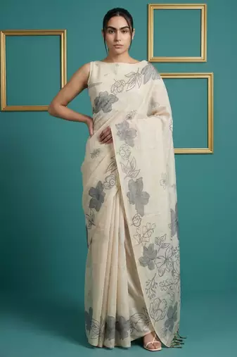 Cream muga cotton resham weaving pencil art saree with matching blouse piece