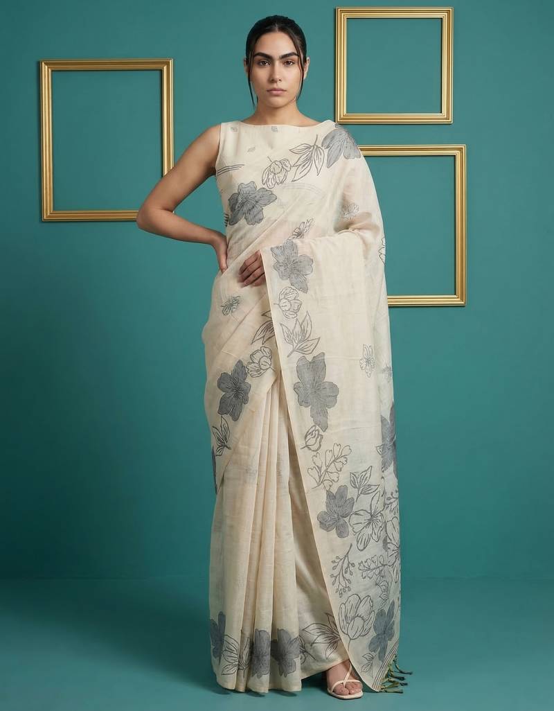 Cream muga cotton resham weaving pencil art saree with matching blouse piece