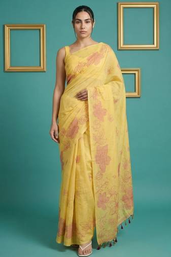 Yellow muga cotton resham weaving pencil art saree with matching blouse piece
