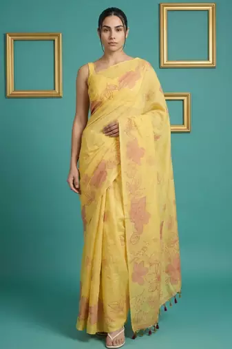 Yellow muga cotton resham weaving pencil art saree with matching blouse piece