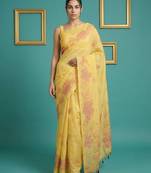 Yellow muga cotton resham weaving pencil art saree with matching blouse piece