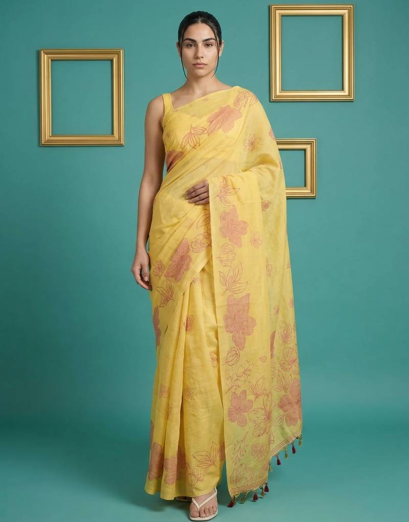 Yellow muga cotton resham weaving pencil art saree with matching blouse piece
