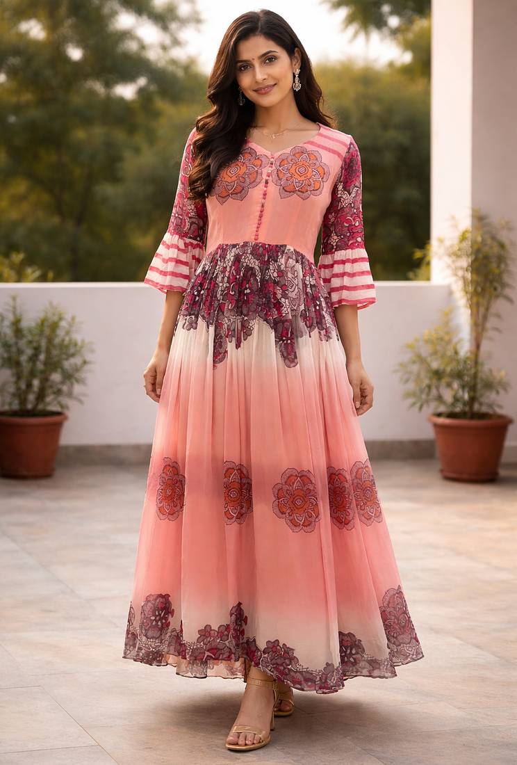 Orange print long dress