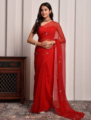 Red hand embroidered chiffon saree 1