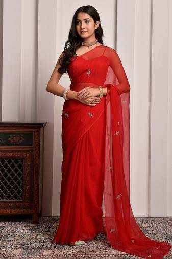 Red hand embroidered chiffon saree