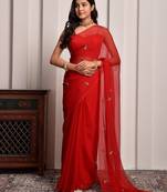 Red hand embroidered chiffon saree