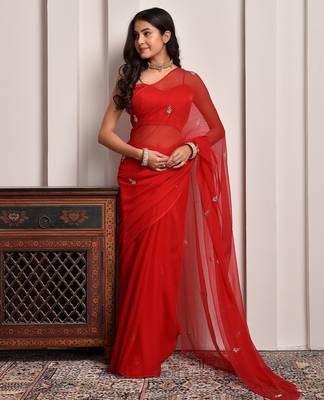 Red hand embroidered chiffon saree 2