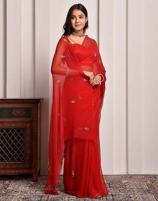 Red hand embroidered chiffon saree 3