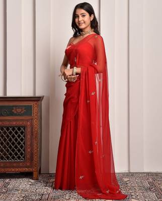 Red hand embroidered chiffon saree 4