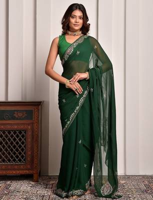 Green hand embellished pittan work chiffon saree 1