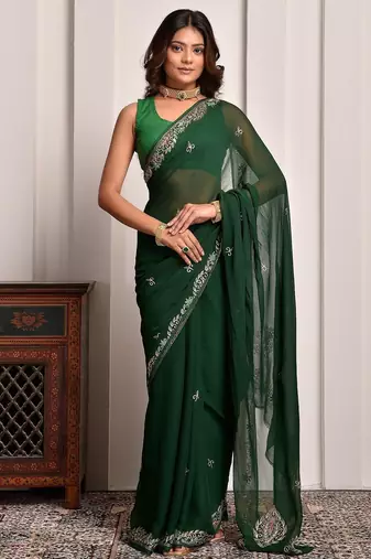 Green hand embellished pittan work chiffon saree
