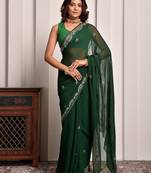 Green hand embellished pittan work chiffon saree