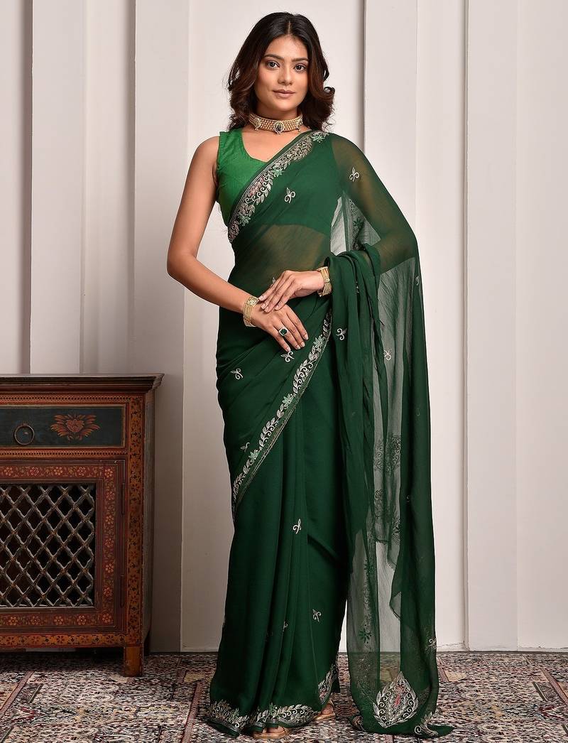 Green hand embellished pittan work chiffon saree