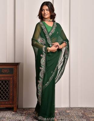 Green hand embellished pittan work chiffon saree 2