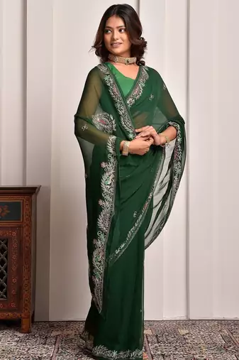 Green hand embellished pittan work chiffon saree