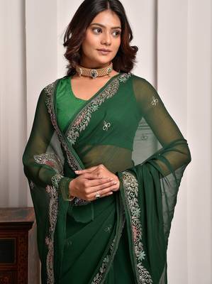 Green hand embellished pittan work chiffon saree 3