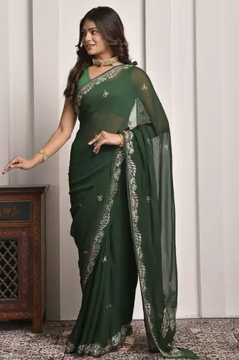 Green hand embellished pittan work chiffon saree