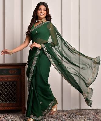 Green hand embellished pittan work chiffon saree 5