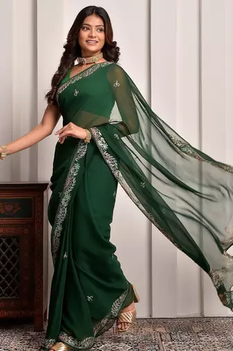 Green hand embellished pittan work chiffon saree