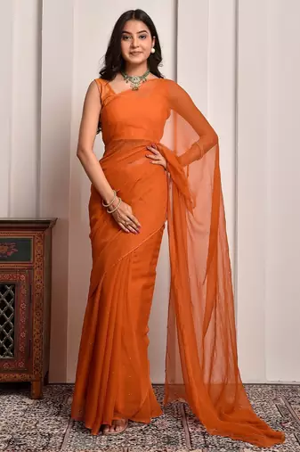 Rust mukaish work chiffon saree