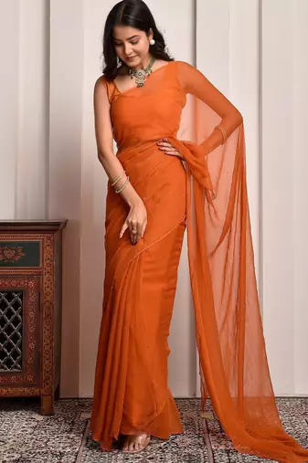 Rust mukaish work chiffon saree