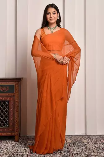 Rust mukaish work chiffon saree