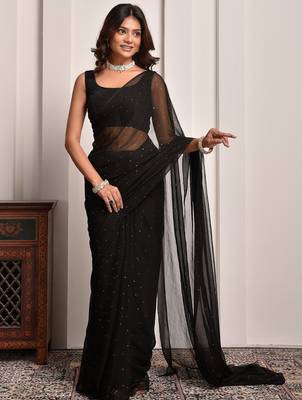 Black mukaish work chiffon saree 1