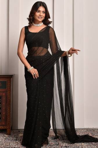 Black mukaish work chiffon saree