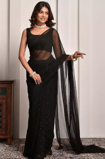 Black mukaish work chiffon saree