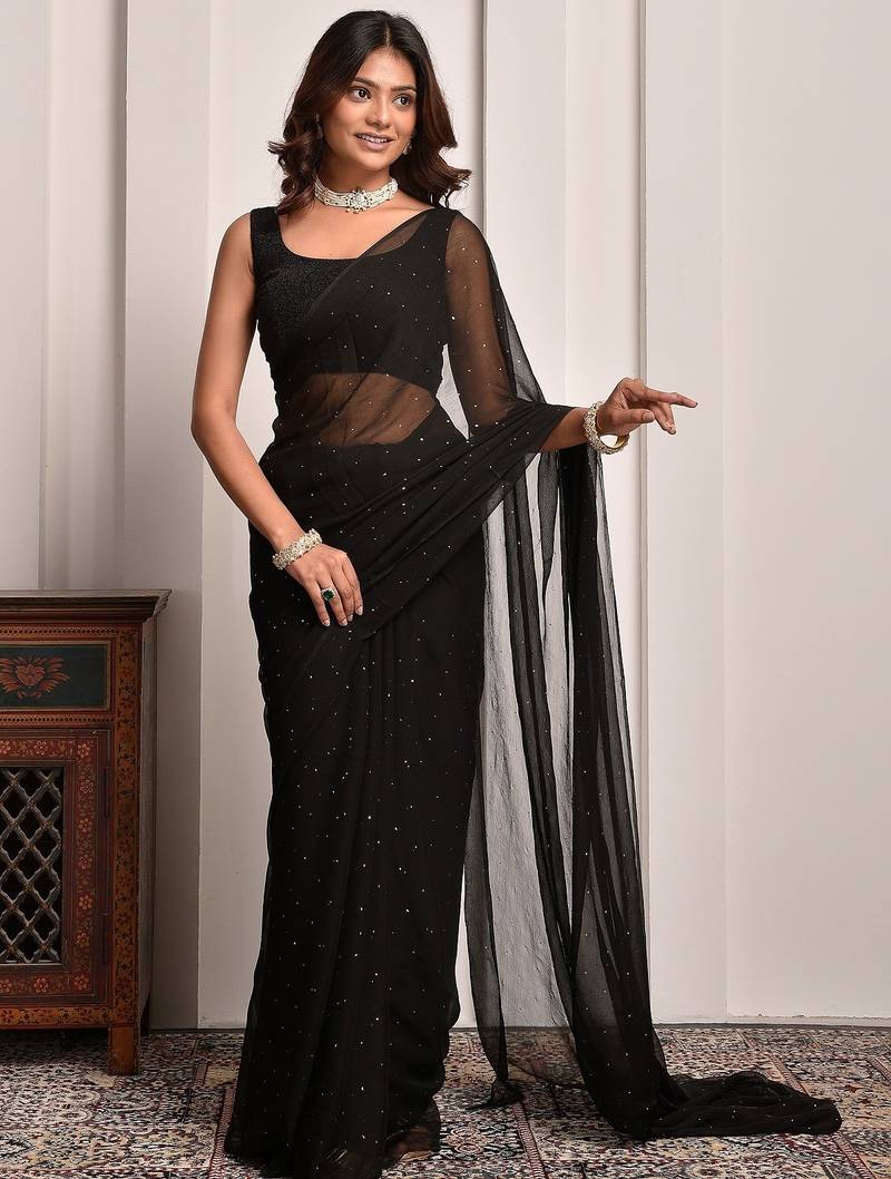 Black mukaish work chiffon saree