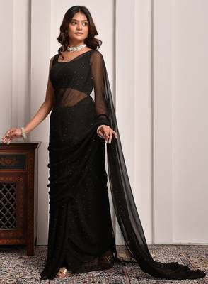 Black mukaish work chiffon saree 3