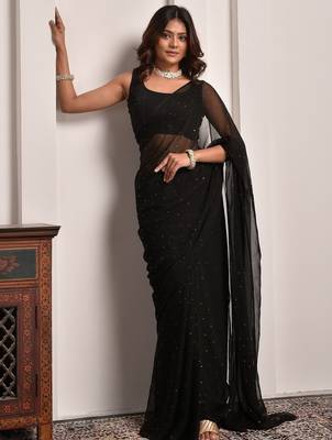 Black mukaish work chiffon saree 5
