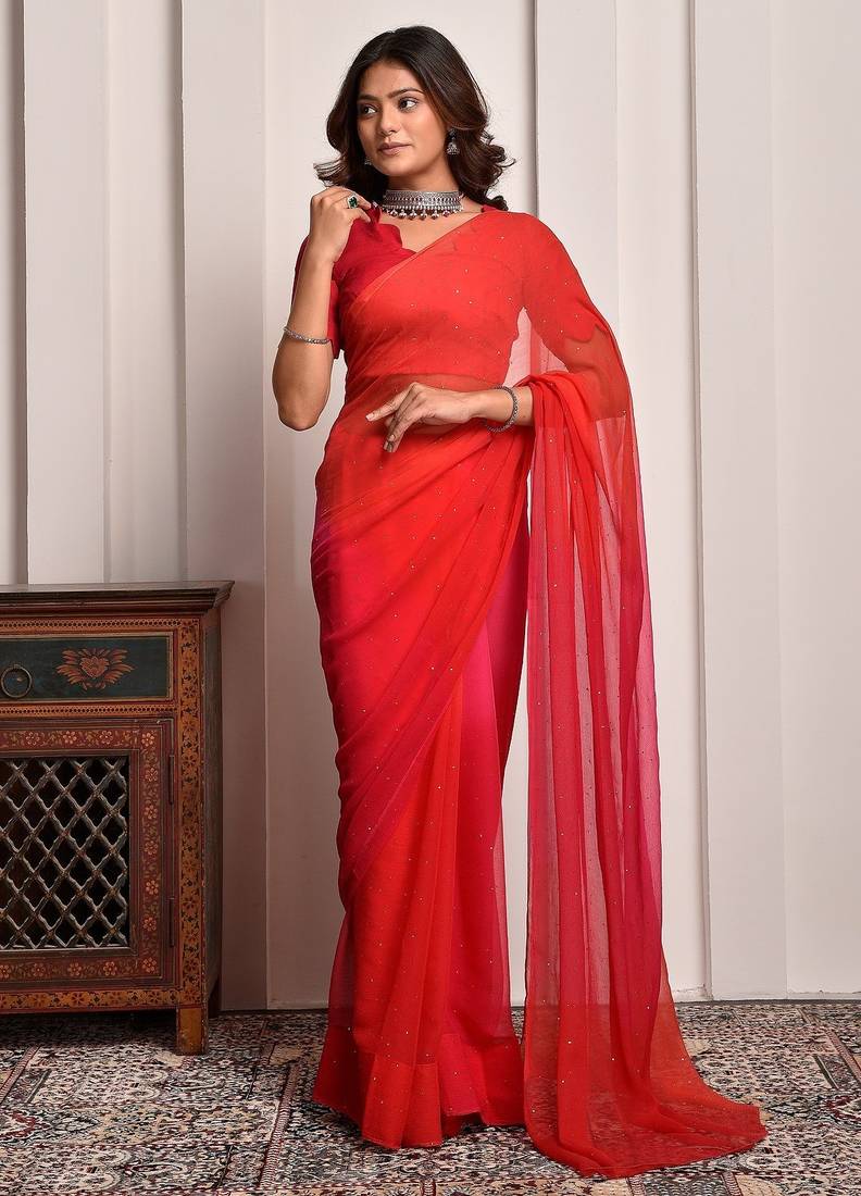 Pink shaded mukaish work chiffon saree