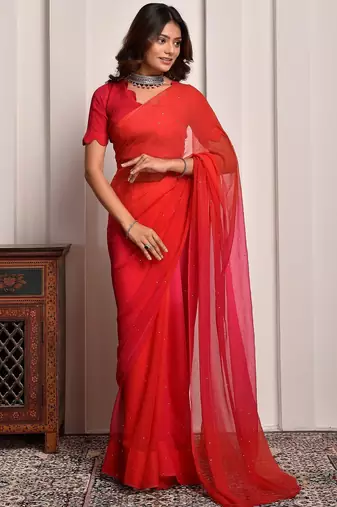 Pink shaded mukaish work chiffon saree