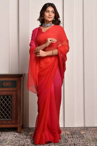 Pink shaded mukaish work chiffon saree