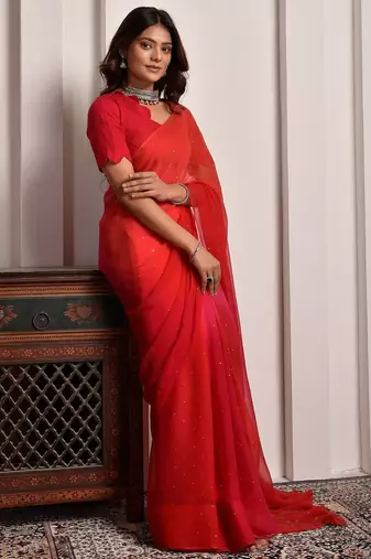 Pink shaded mukaish work chiffon saree