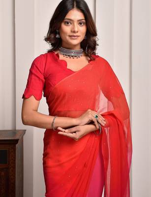 Pink shaded mukaish work chiffon saree 5