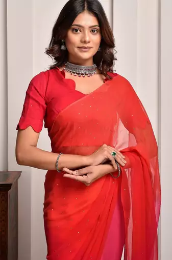 Pink shaded mukaish work chiffon saree