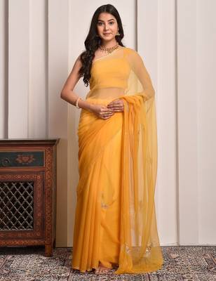 Yellow shaded hand embellished chiffon saree 1