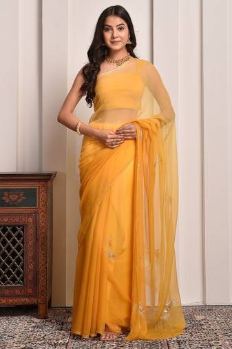 Yellow shaded hand embellished chiffon saree