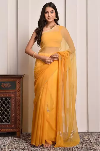 Yellow shaded hand embellished chiffon saree