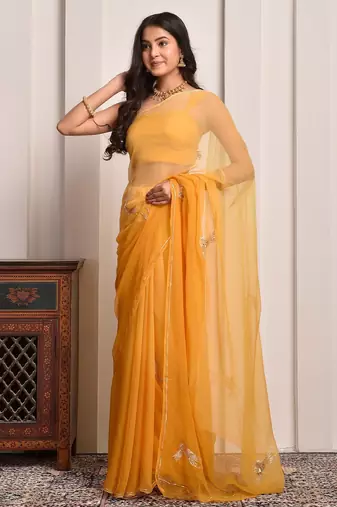 Yellow shaded hand embellished chiffon saree
