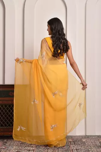 Yellow shaded hand embellished chiffon saree