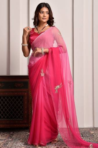 Pink shaded hand embellished chiffon saree