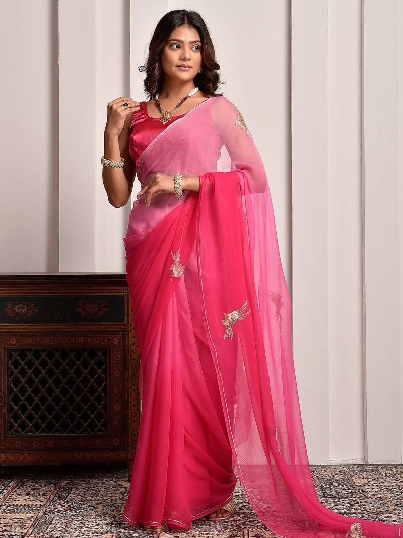 Pink shaded hand embellished chiffon saree