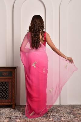 Pink shaded hand embellished chiffon saree 2