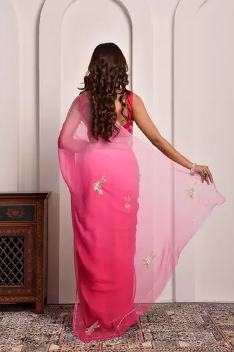 Pink shaded hand embellished chiffon saree