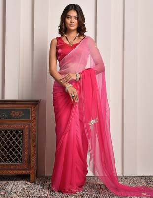 Pink shaded hand embellished chiffon saree 3