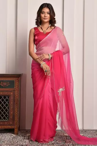 Pink shaded hand embellished chiffon saree